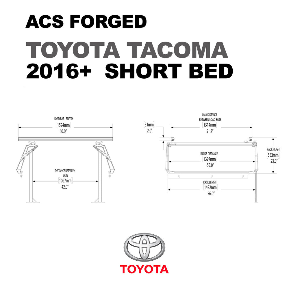 Dims of the Leitner Designs FORGED Active Cargo System For Toyota Tacoma 2016-2023 short bed