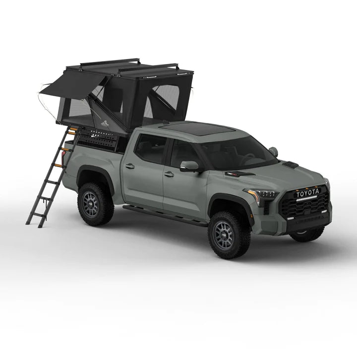 Tuff Stuff Alpine SixtyOne Aluminum Shell Roof Top Tent With A Ladder Sticking Out