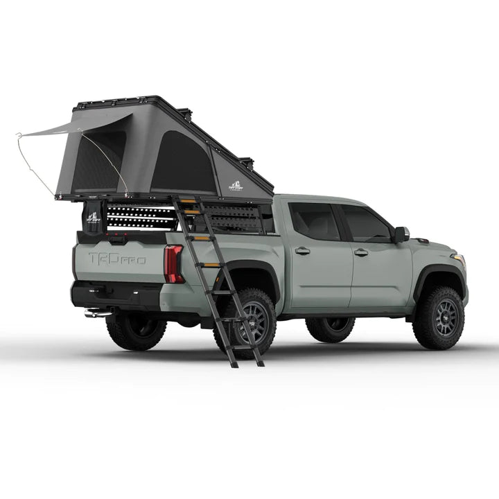 Back View Of The Tuff Stuff Alpine SixtyOne Aluminum Shell Roof Top Tent With A Rear Section Opened