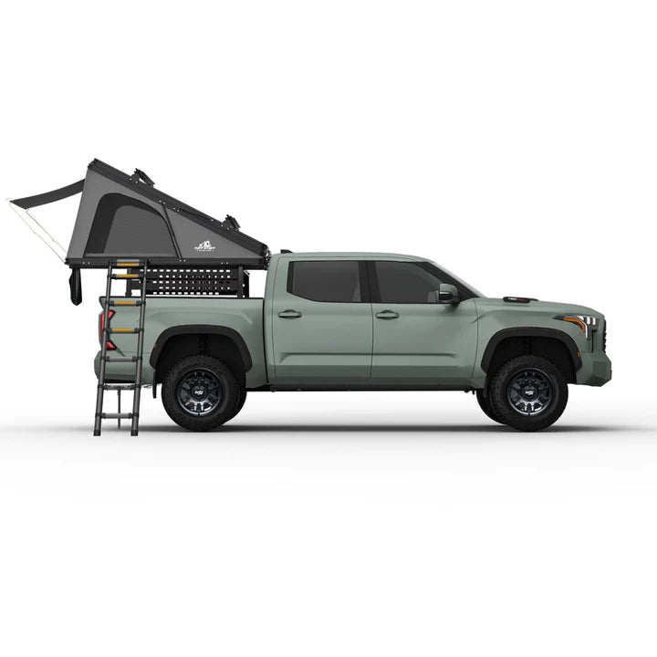 Side View Of The Tuff Stuff Alpine SixtyOne Aluminum Shell Roof Top Tent With The Rear Section Opened