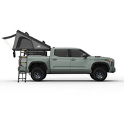 Side View Of The Tuff Stuff Alpine SixtyOne Aluminum Shell Roof Top Tent With The Rear Section Opened