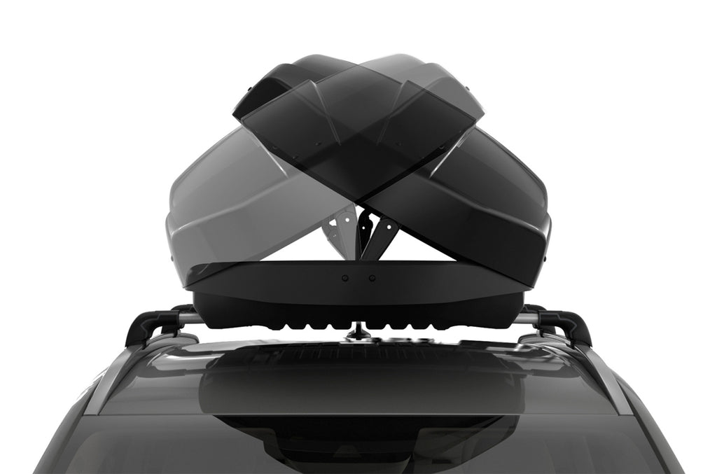 Thule Motion XT L On Top of Car Black Opening Movement Front View