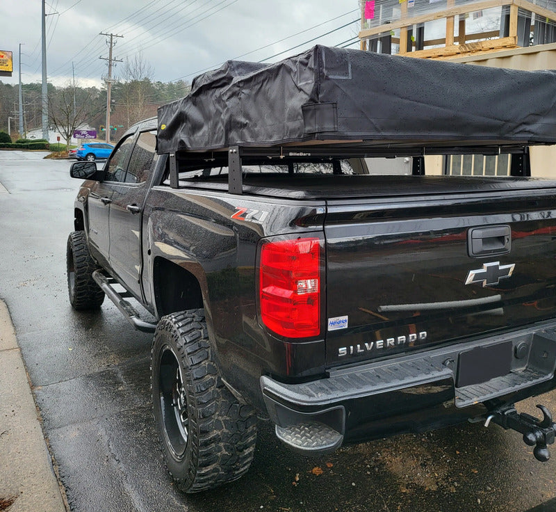 Back View Of The BillieBars Bed Bars For Silverado And Sierra With Mounted Roof Top Tent