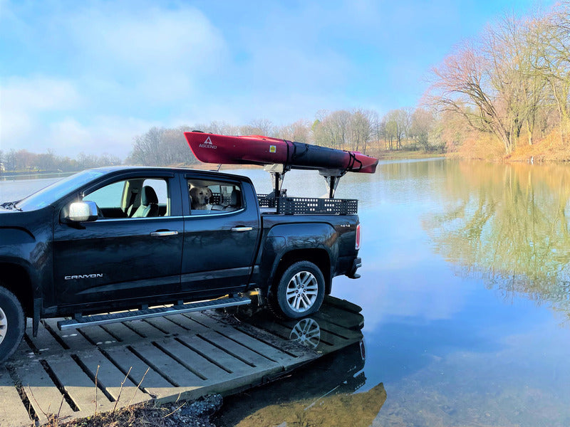 Side View Of BillieBars HighPro Kayak Mount Kit Holding A Kayak