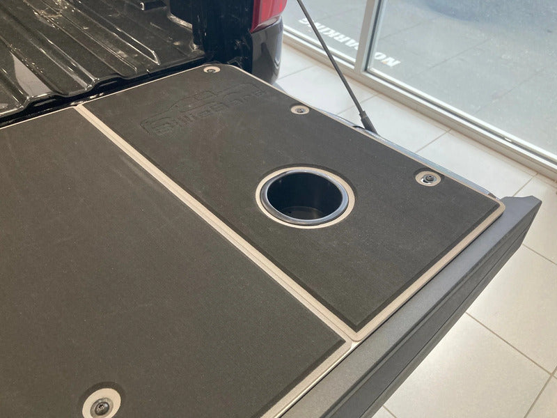 Close Up View Of The BillieBars Silverado & Sierra Tailgate Cover Cup Holders