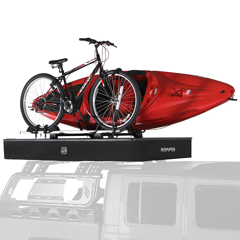 iKamper X-Cover 2.0 Roof Top Tent With Bike And Kayak on top of integrated rack